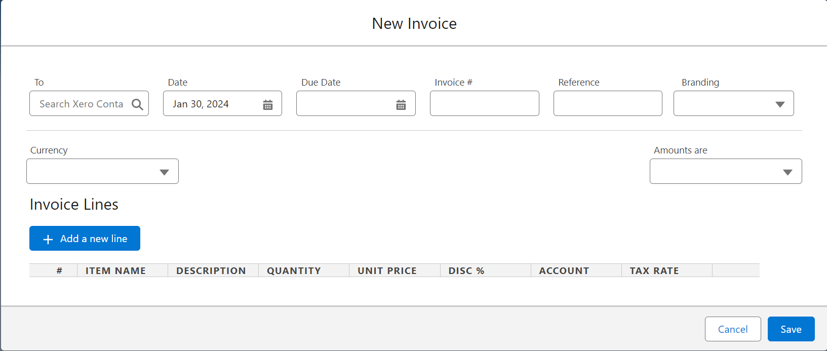 New Invoice From Xero Invoices Tab